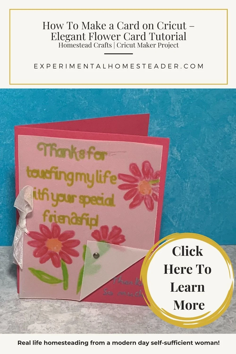 Handmade pink and red flower greeting card with vellum overlay, text “How To Make a Card on Cricut.”