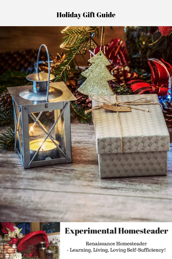 A decorative metal lantern and a present sitting in front of a Christmas tree.