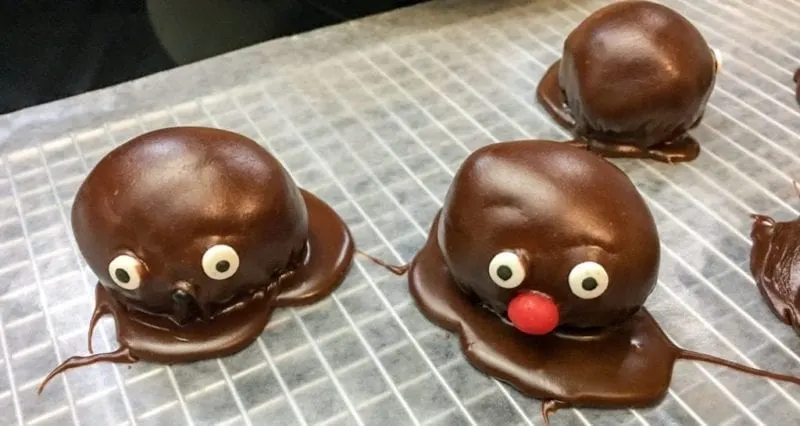 The cake balls with candy eyes and a candy nose.