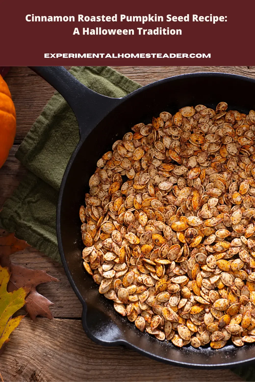 Roasted pumpkin seeds in a cast iron skillet.