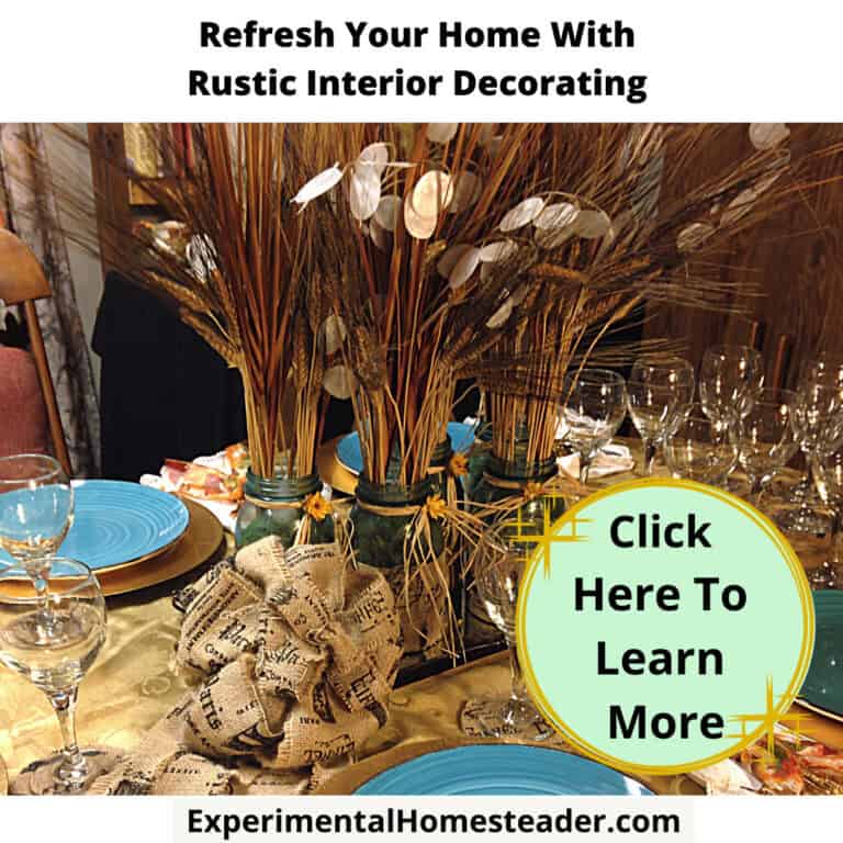 Elegant rustic interior decor with wheat and dried flowers centerpiece for farmhouse style homes.