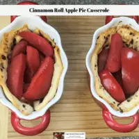 Baked Cinnamon Roll Apple Pie Casserole sitting on a wooden butcher block on a counter top.