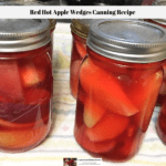 A completed red hot apple recipes canning recipe with the apples in the sealed jars.