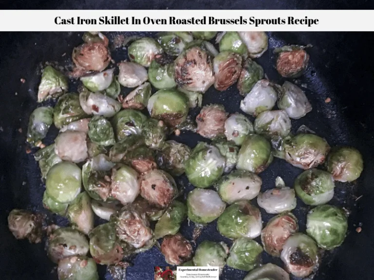 Roasted Brussels sprouts in a cast iron skillet in oven.