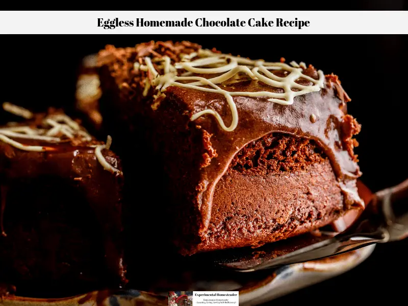 A slice of eggless homemade chocolate cake being removed form the main cake in order to serve it.