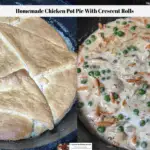The first photo shows the crescent crust on the chicken pot pie. The second photo shows the filling of the chicken pot pie without the crust.