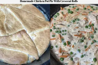 The first photo shows the crescent crust on the chicken pot pie. The second photo shows the filling of the chicken pot pie without the crust.