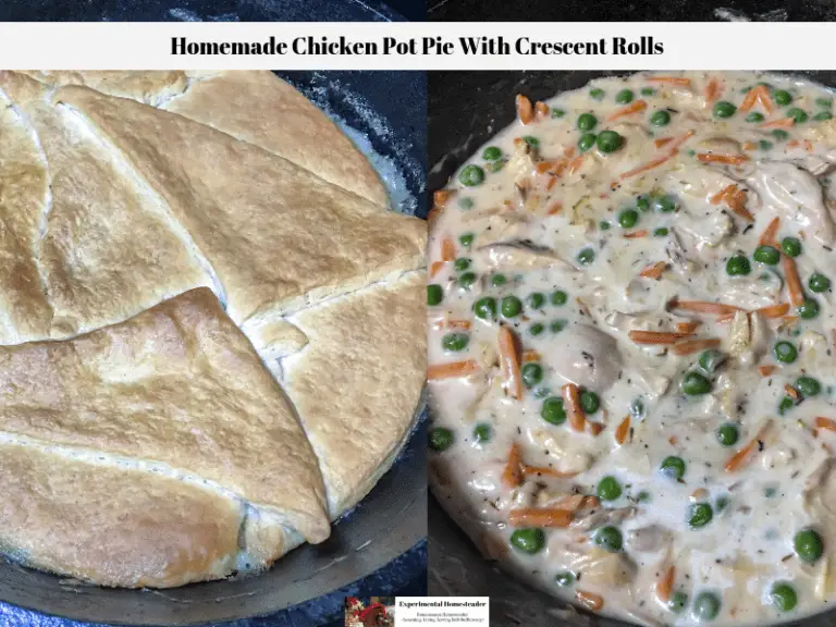 The first photo shows the crescent crust on the chicken pot pie. The second photo shows the filling of the chicken pot pie without the crust.