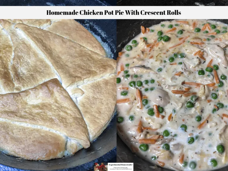 The first photo shows the crescent crust on the chicken pot pie. The second photo shows the filling of the chicken pot pie without the crust.