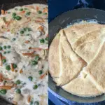 The first photo shows the filling of the chicken pot pie without the crust. The second photo shows the crescent crust on the chicken pot pie.