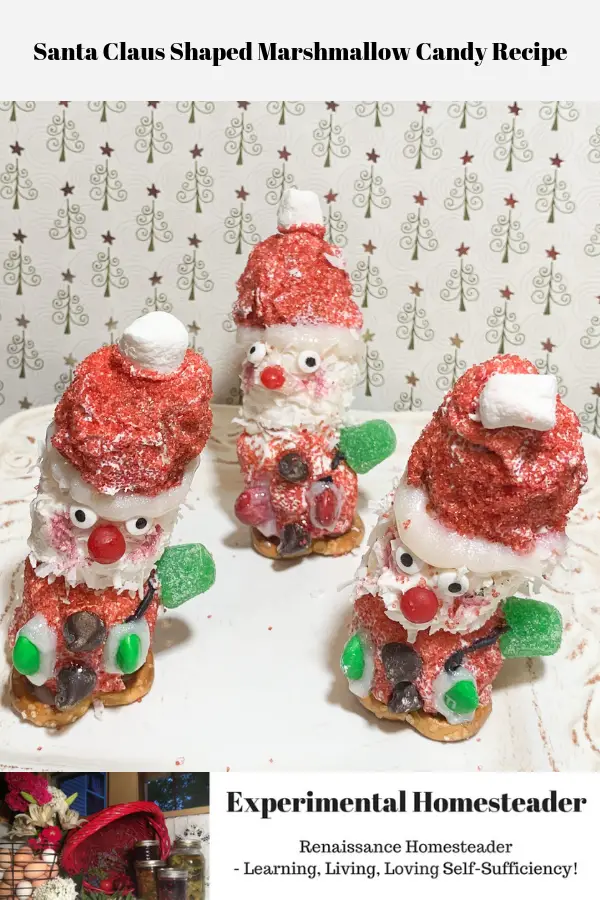 Three Santa Claus Shaped Marshmallow Candies standing on a plate ready to eat.