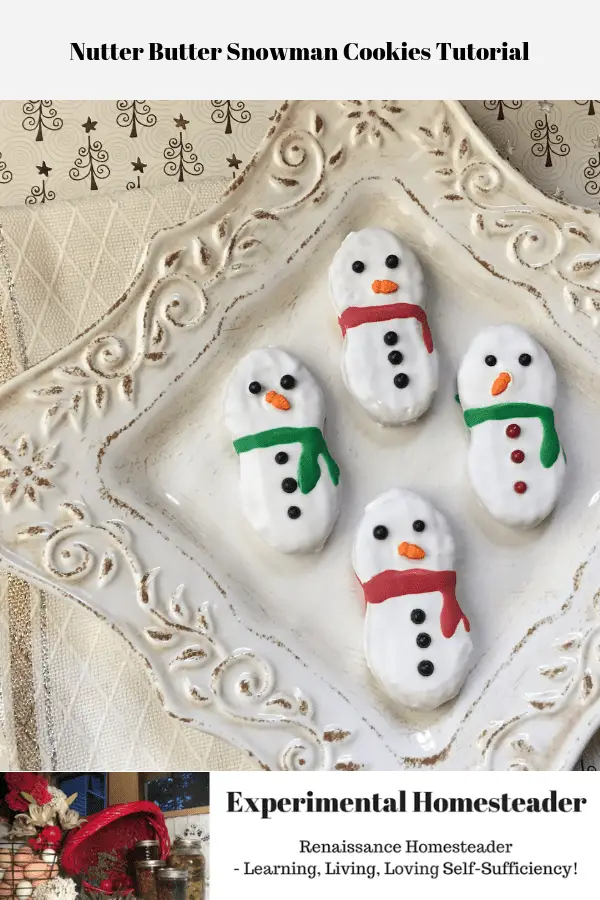 Decorated Nutter Butter Snowman Cookies on a plate.