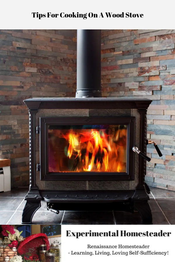 A wood burning stove with a blazing fire.