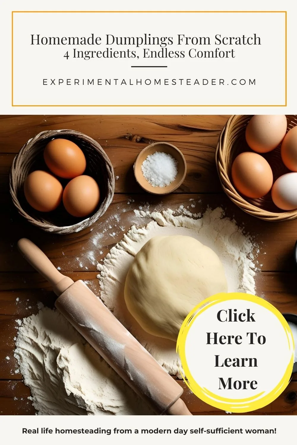 Basket of eggs, salt, rolling pin, and dumpling dough on a floured surface with text promoting homemade dumplings.