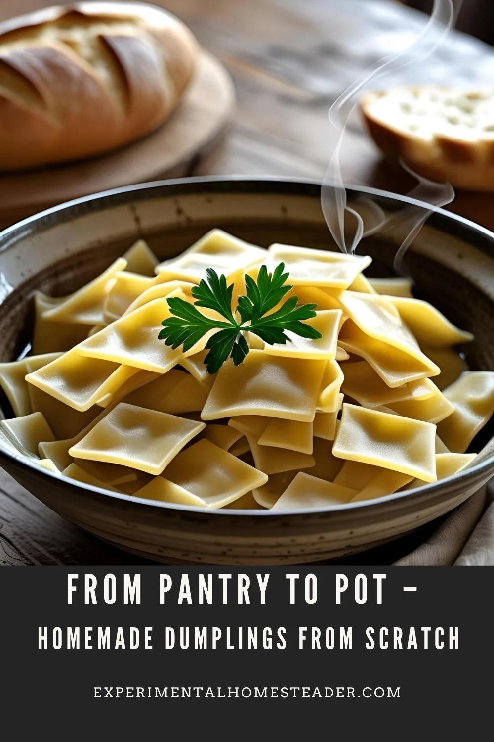Steaming bowl of flat dumplings garnished with parsley and served with bread, labeled “From Pantry to Pot – Homemade Dumplings From Scratch.”
