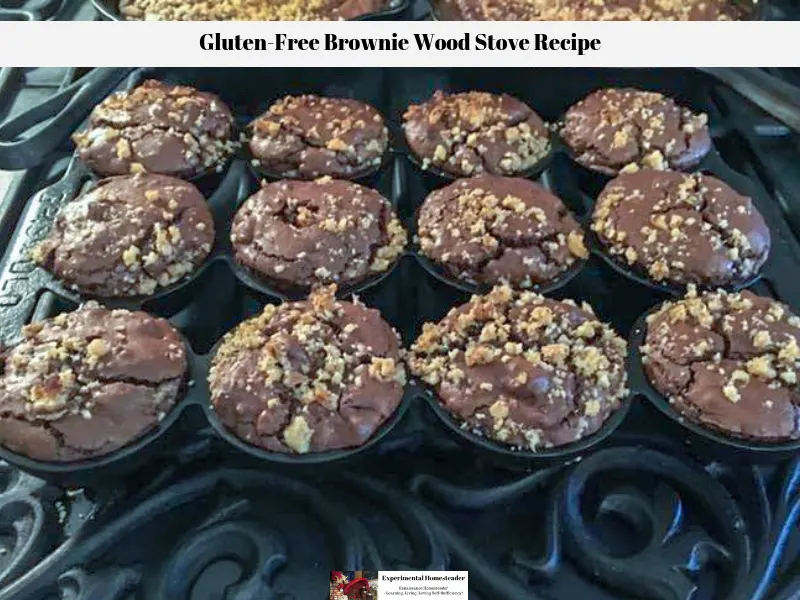 Gluten-free brownies baked inside a wood burning cook stove sitting and cooling.