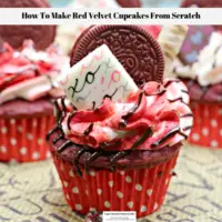 A decorated ready to eat red velvet cupcake.