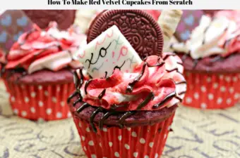 A decorated ready to eat red velvet cupcake.