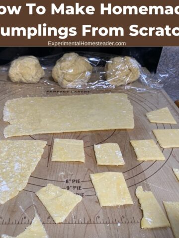 Rolled dumpling dough cut into squares on a pastry board with dough balls, labeled “How To Make Homemade Dumplings From Scratch.”
