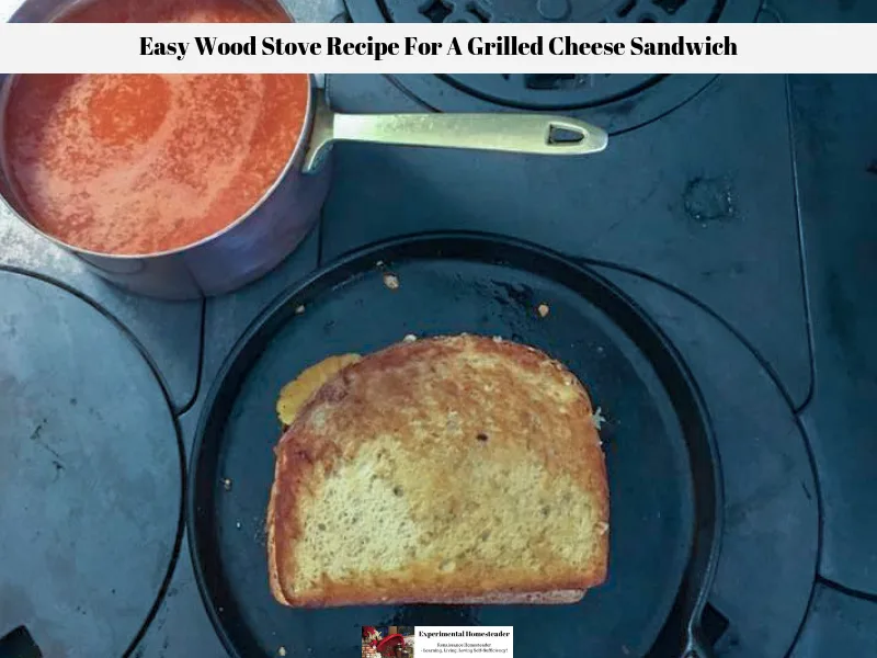 A grilled cheese sandwich cooking in a cast iron griddle on top of a wood burning stove with a pan of tomato soup on the side.