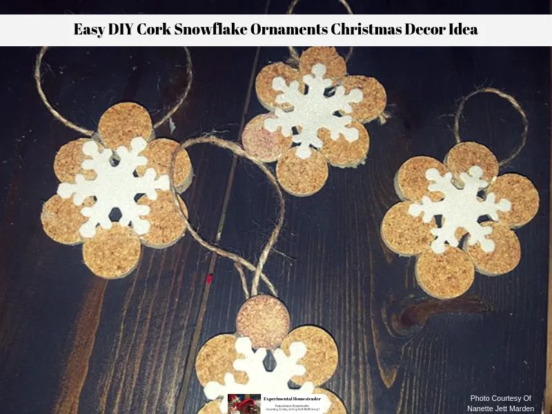 Cork snowflake ornaments laying on a table ready to be hung.