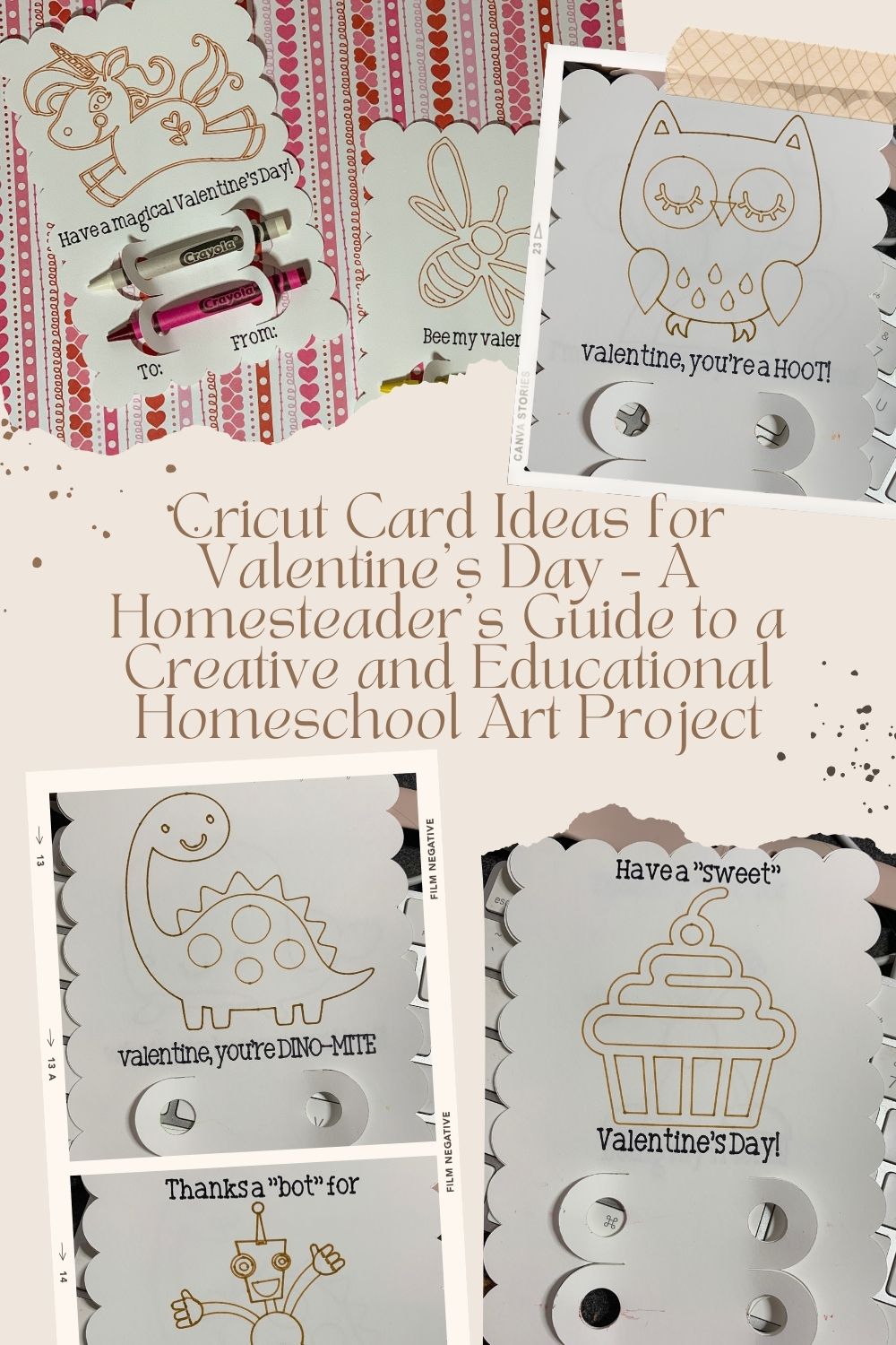 A collage of Valentine’s Day Cricut cards with playful designs, including an owl, a dinosaur, a robot, a cupcake, and a bee. Each card features a whimsical message like "Valentine, you’re a HOOT!" and "Valentine, you’re DINO-MITE!" The cards have scalloped edges, and some include cutouts to hold crayons.