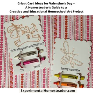 A photo featuring Valentine’s Day-themed Cricut cards with whimsical designs, including a unicorn and a bee. Each card includes a colorful Crayola crayon as part of the design. The text on the cards reads 