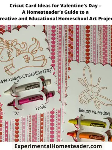 A photo featuring Valentine’s Day-themed Cricut cards with whimsical designs, including a unicorn and a bee. Each card includes a colorful Crayola crayon as part of the design. The text on the cards reads "Have a magical Valentine’s Day!" and "Bee my Valentine." The background has a pink and red heart-patterned design.