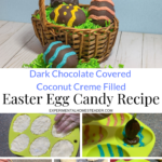 The top photo shows the finished Easter eggs in a basket and the bottom photos are in process shots.