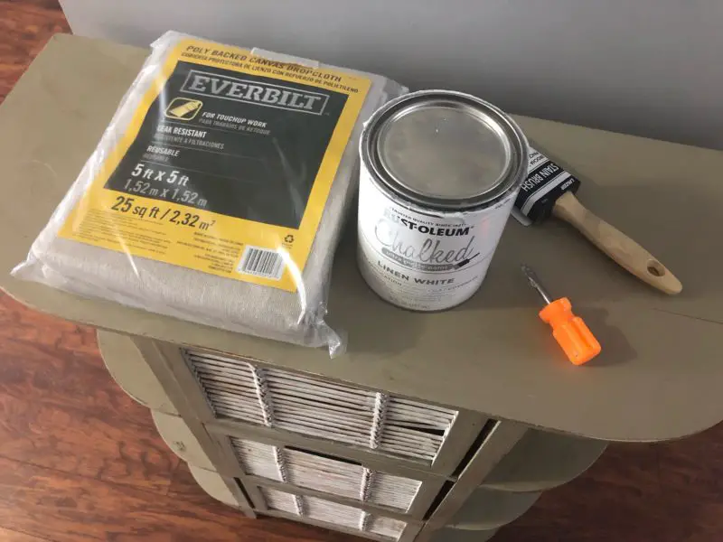 The materials for this Easy DIY Furniture Painting Chalk Paint Tutorial gathered and ready to use.