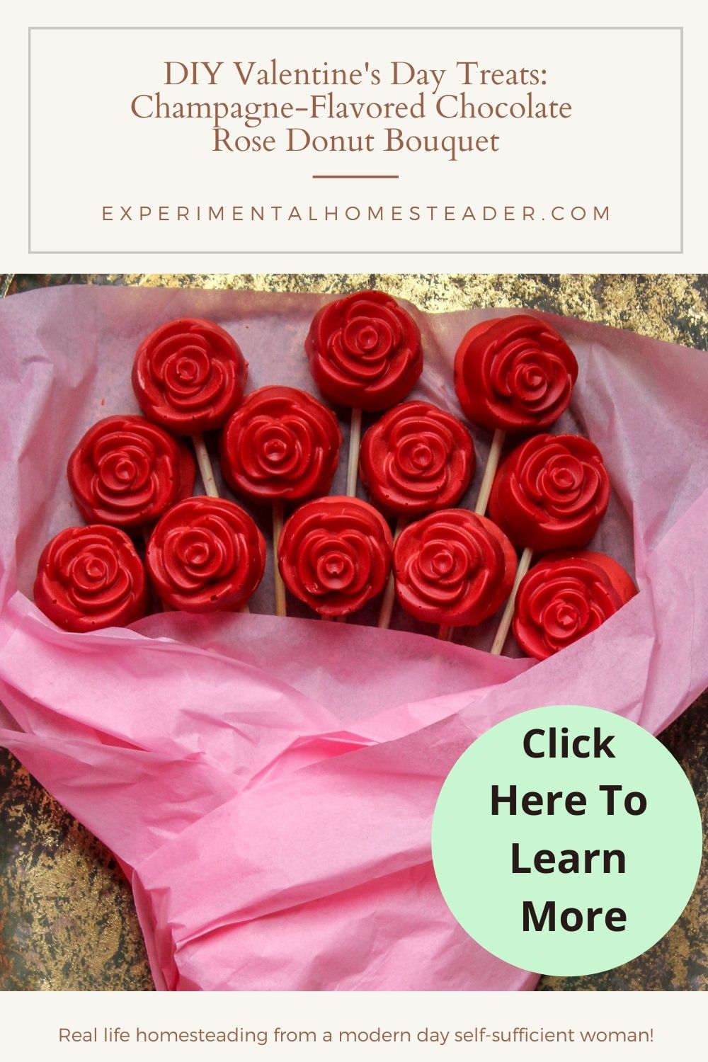 DIY Valentine's Day Treats: Champagne-Flavored Chocolate Rose Donut Bouquet wrapped in pink tissue paper, displayed as a unique edible gift idea.