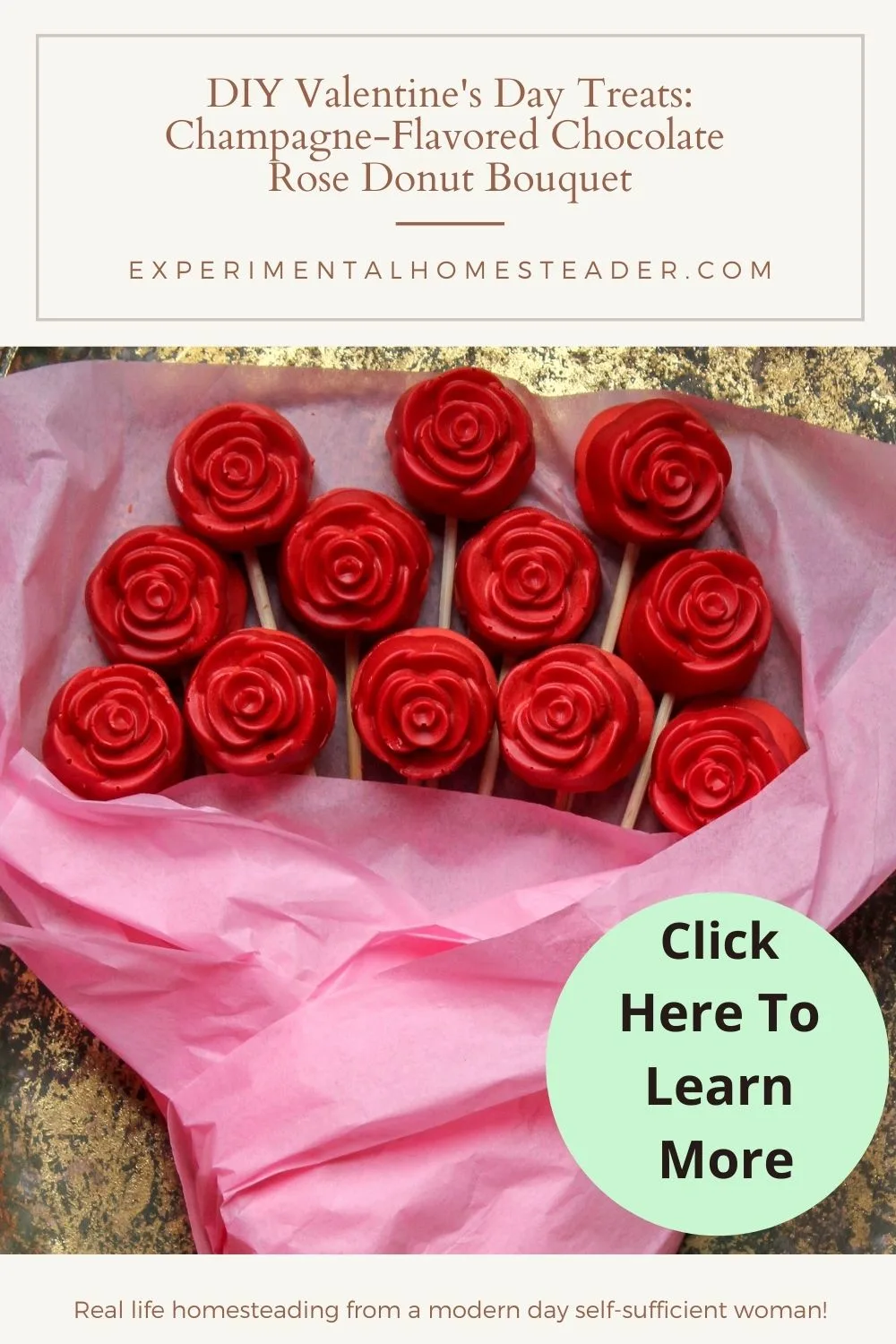 DIY Valentine's Day Treats: Champagne-Flavored Chocolate Rose Donut Bouquet wrapped in pink tissue paper, displayed as a unique edible gift idea.