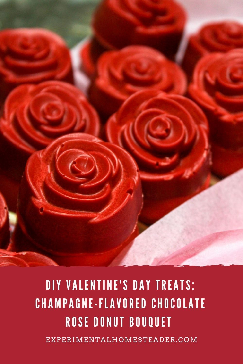 DIY Valentine's Day Treats: Champagne-Flavored Chocolate Rose Donut Bouquet wrapped in pink tissue paper, displayed as a unique edible gift idea.