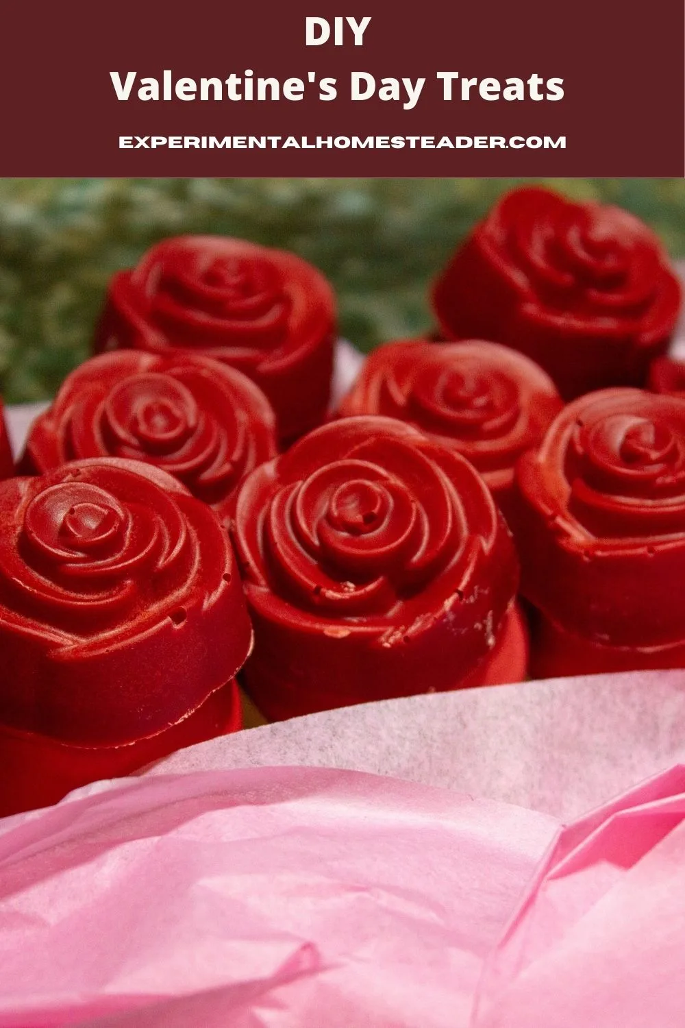 DIY Valentine's Day Treats: Champagne-Flavored Chocolate Rose Donut Bouquet wrapped in pink tissue paper, displayed as a unique edible gift idea.