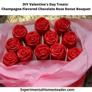 DIY Valentine's Day Treats: Champagne-Flavored Chocolate Rose Donut Bouquet wrapped in pink tissue paper, displayed as a unique edible gift idea.