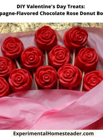 DIY Valentine's Day Treats: Champagne-Flavored Chocolate Rose Donut Bouquet wrapped in pink tissue paper, displayed as a unique edible gift idea.