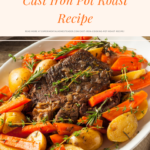 Pot roast with potatoes and carrots garnished with thyme and rosemary on a platter.