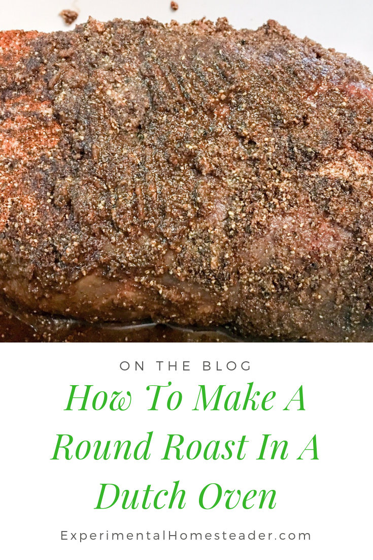 The round roast in the dutch oven at the beginning of the cooking cycle.