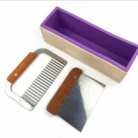 1 Purple Flexible Rectangular Silicone Soap Mold with Large Pine Wood Box for Homemade Produce 1.2 Kg Art Craft Soap Making Mold + 2 Pcs Cutter Peeler Slicer Knife Home Kitchen Tool Set