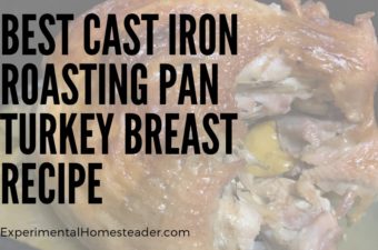 The cooked turkey breast in the cast iron roasting pan.