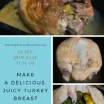 The cooked turkey breast. The turkey breast with the skin covering the herbs and lemons. The turkey breast showing the herbs and lemons in between the skin and meat.