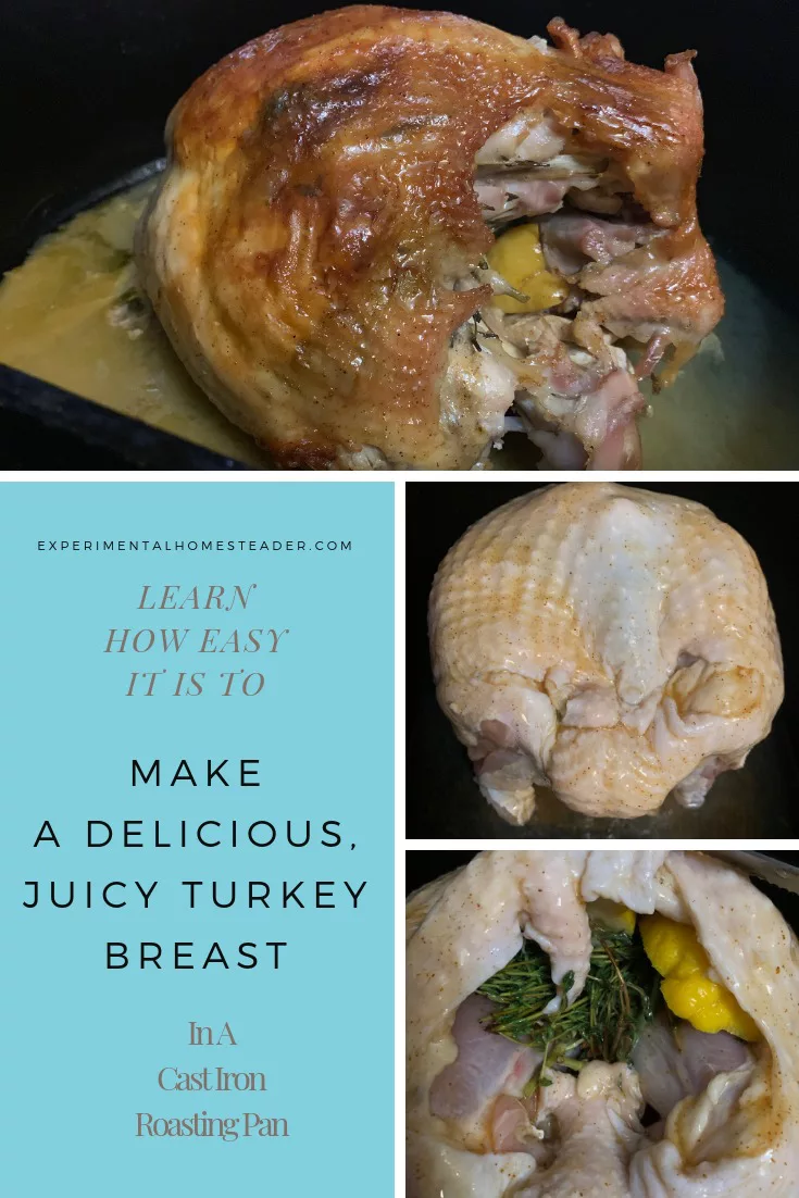 The cooked turkey breast. The turkey breast with the skin covering the herbs and lemons. The turkey breast showing the herbs and lemons in between the skin and meat.
