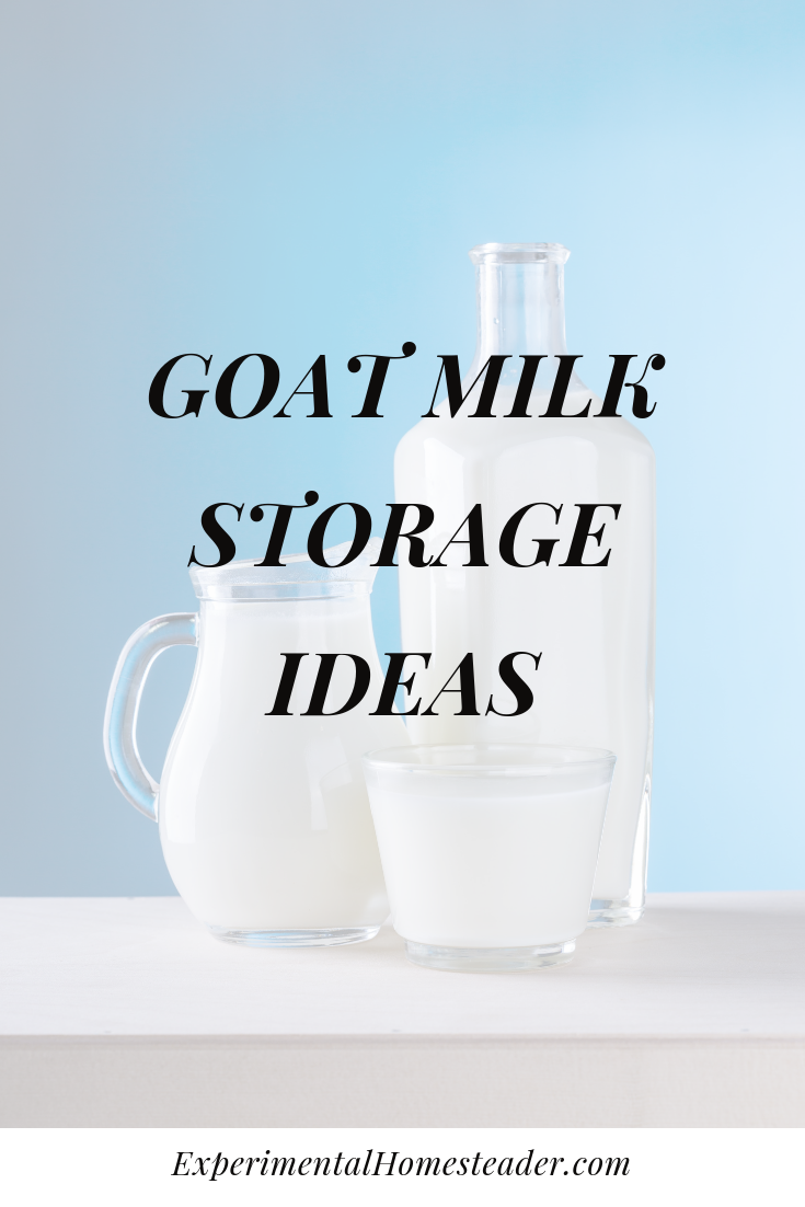 Fresh goat milk in a variety of glass containers.