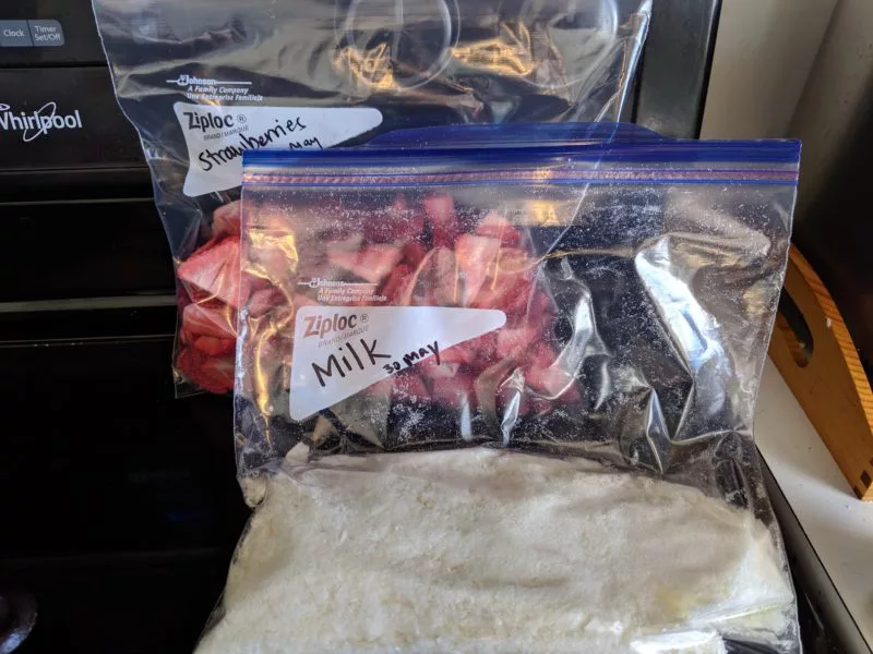 The freeze dried milk and the freeze dried strawberries in bags.