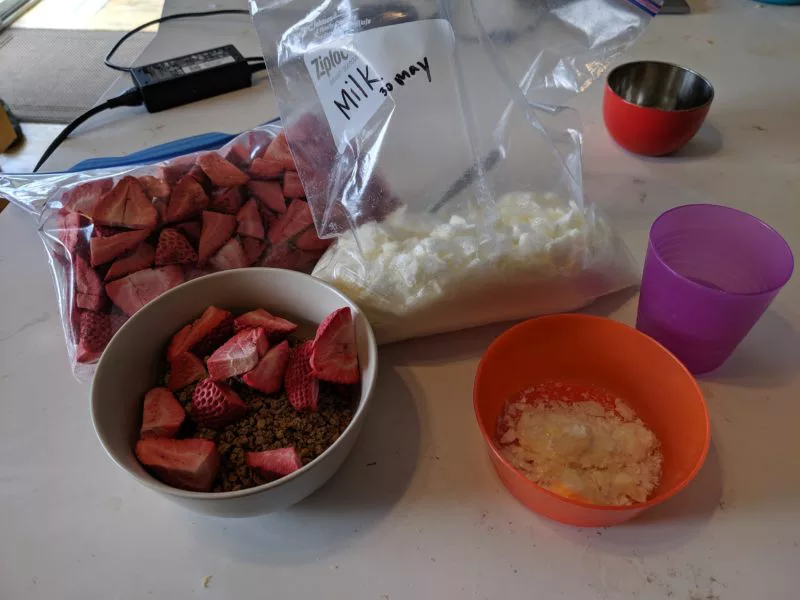 The milk and freeze dried strawberries in a bag with a few in separate bowls.