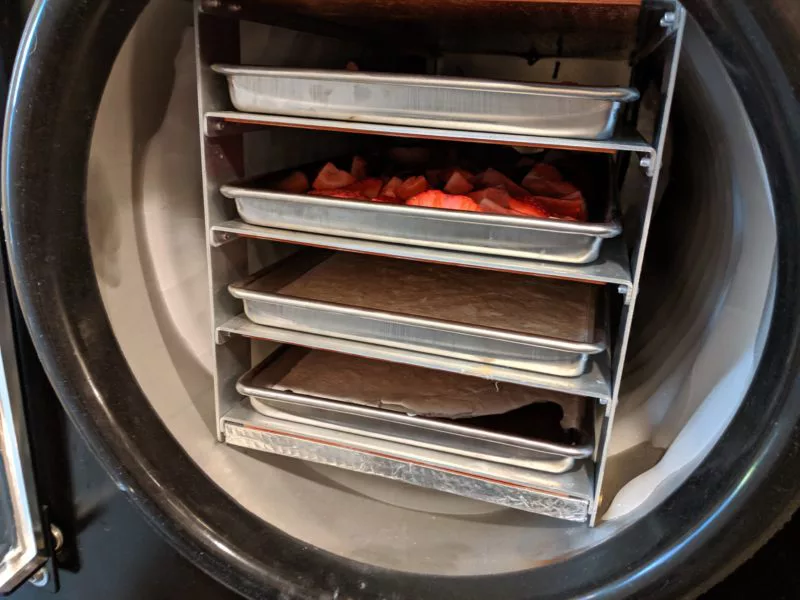 The trays inside the freeze dryer.