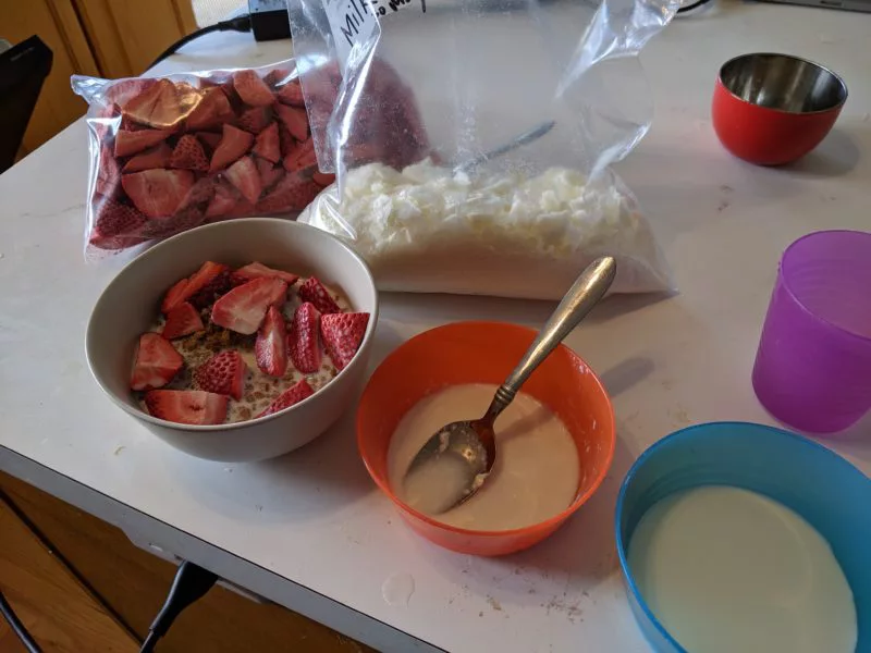 Freeze dried milk and strawberries in bowls and in bags.