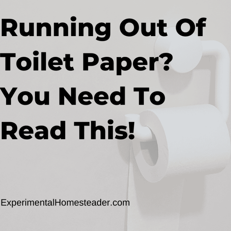 Toilet paper roll on wall with bold text about running out of toilet paper, focus on emergency preparedness and homesteading.