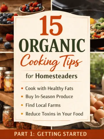 15 organic cooking tips for homesteaders featuring seasonal berries, cast iron cooking, preserved foods in jars, fresh eggs, and a farmhouse kitchen with the text “Part 1: Getting Started.”