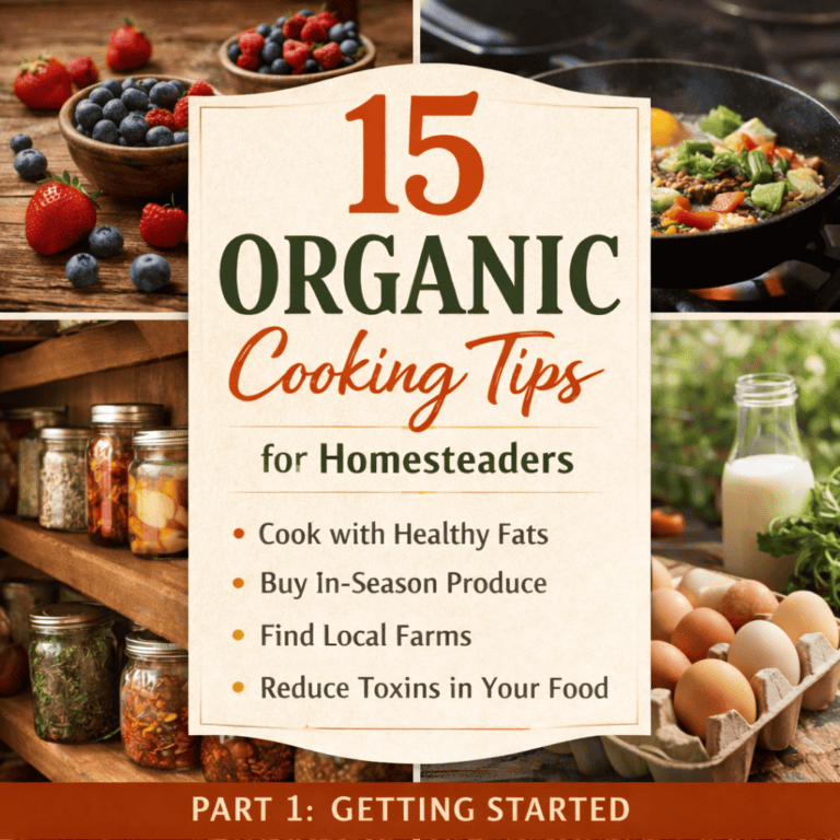 15 organic cooking tips for homesteaders featuring seasonal berries, cast iron cooking, preserved foods in jars, fresh eggs, and a farmhouse kitchen with the text “Part 1: Getting Started.”